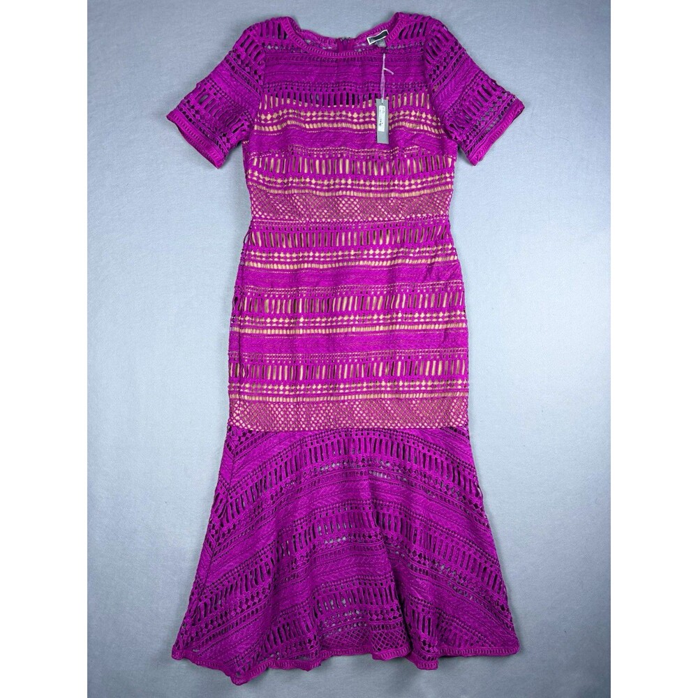 Chelsea28 Dress Womens Medium Magenta Crochet Lace Mermaid Midi Short Sleeve NWT